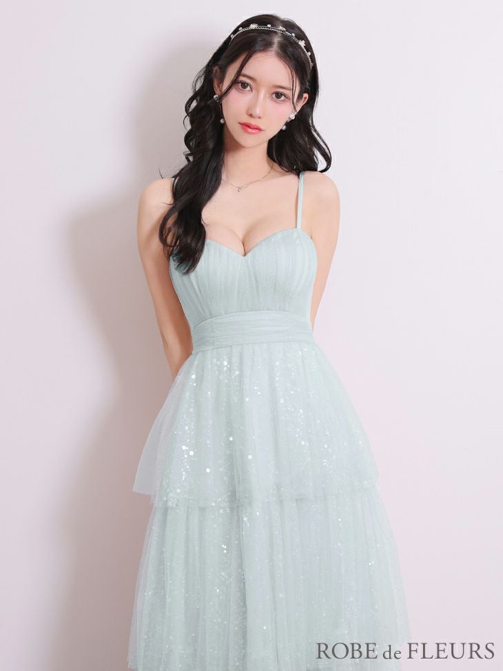 ROBE de FLEURS ローブドフルール 【Lサイズあり】バレエコアフリルラメチュールシンプルミディキャミキャバドレス fm3714