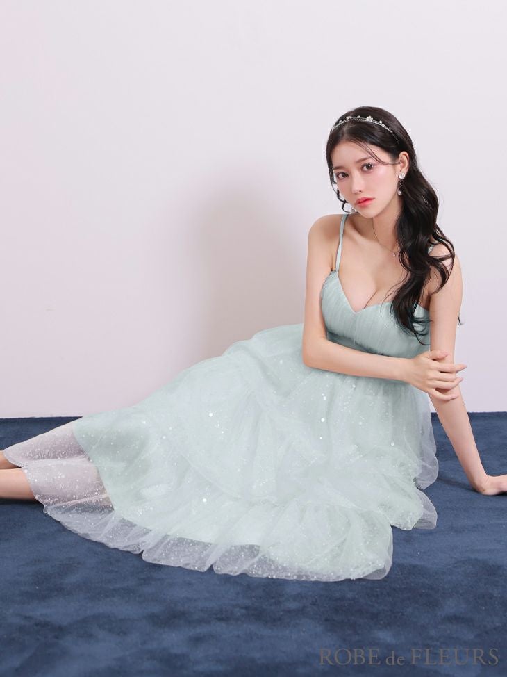 ROBE de FLEURS ローブドフルール 【Lサイズあり】バレエコアフリルラメチュールシンプルミディキャミキャバドレス fm3714