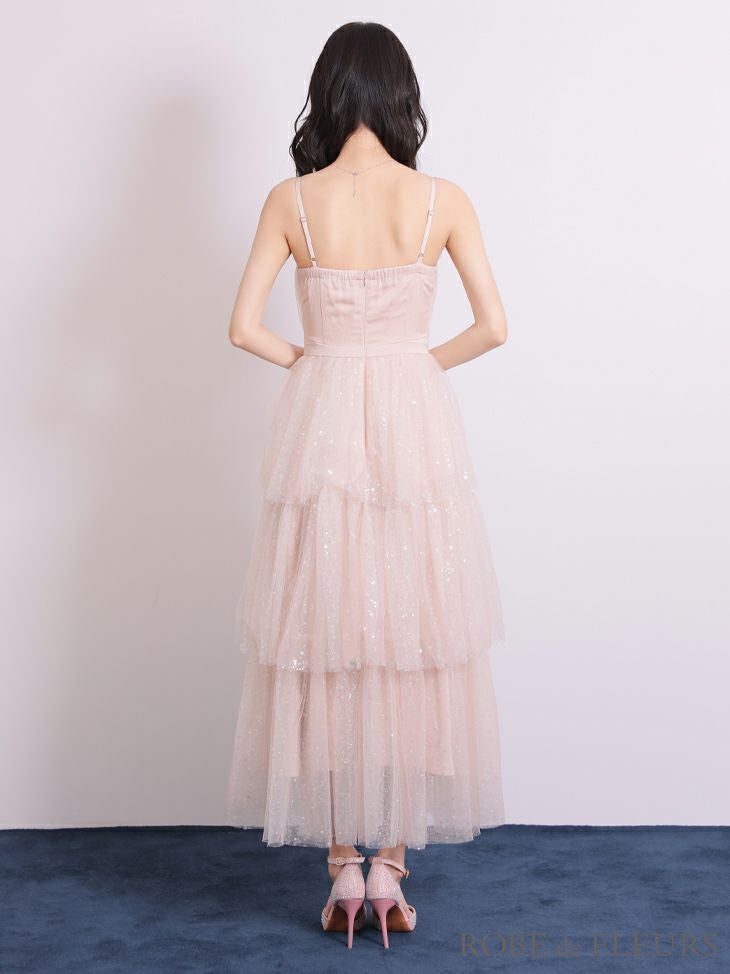 ROBE de FLEURS ローブドフルール 【Lサイズあり】バレエコアフリルラメチュールシンプルミディキャミキャバドレス fm3714