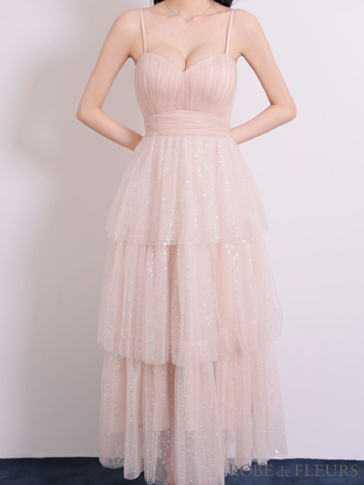 ROBE de FLEURS ローブドフルール 【Lサイズあり】バレエコアフリルラメチュールシンプルミディキャミキャバドレス fm3714