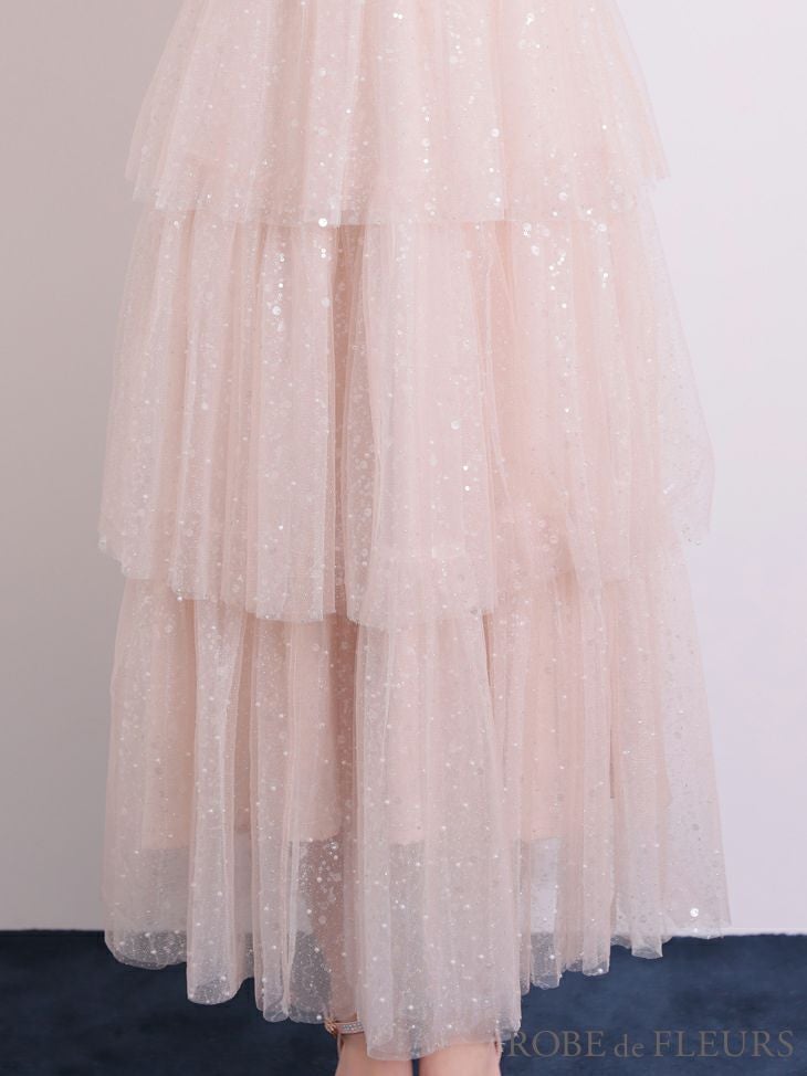 ROBE de FLEURS ローブドフルール 【Lサイズあり】バレエコアフリルラメチュールシンプルミディキャミキャバドレス fm3714