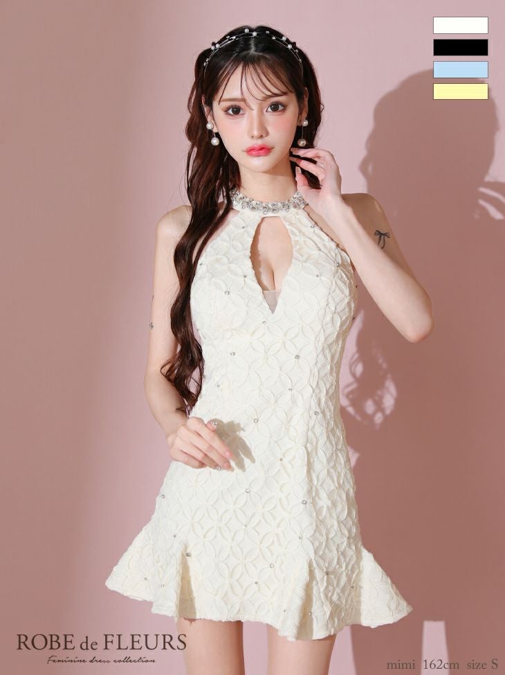 ROBE de FLEURS ローブドフルール バストカットビジューネックフラワー