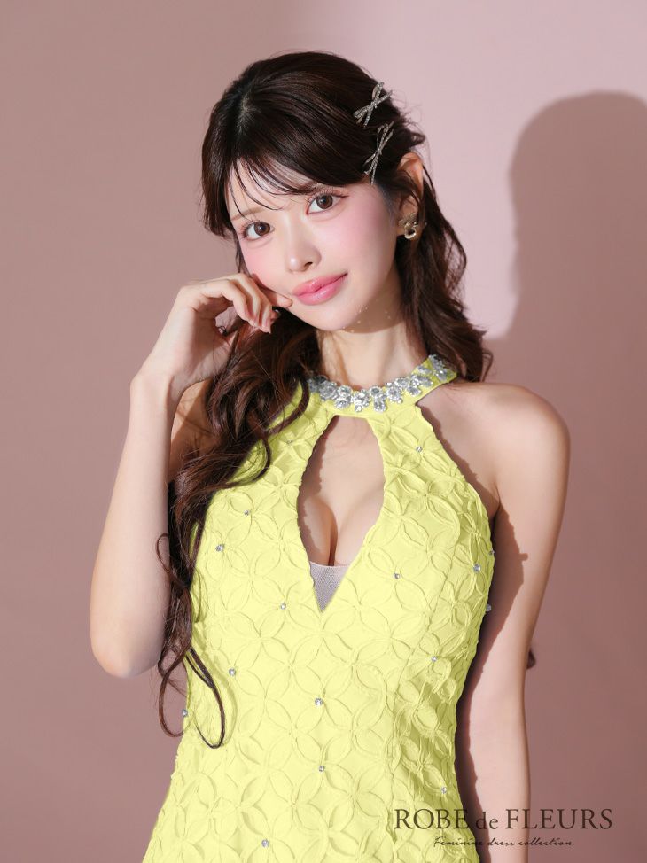 ROBE de FLEURS ローブドフルール バストカットビジューネックフラワー