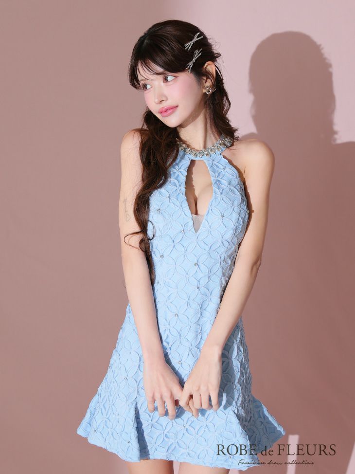 ROBE de FLEURS ローブドフルール バストカットビジューネックフラワー