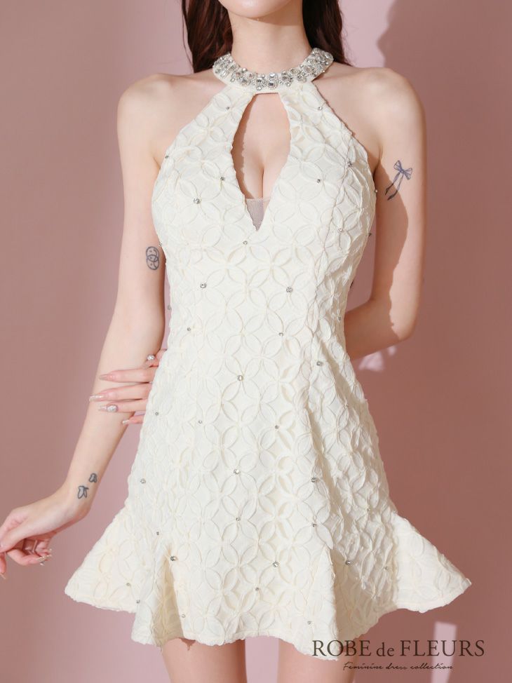 ROBE de FLEURS ローブドフルール バストカットビジューネックフラワー