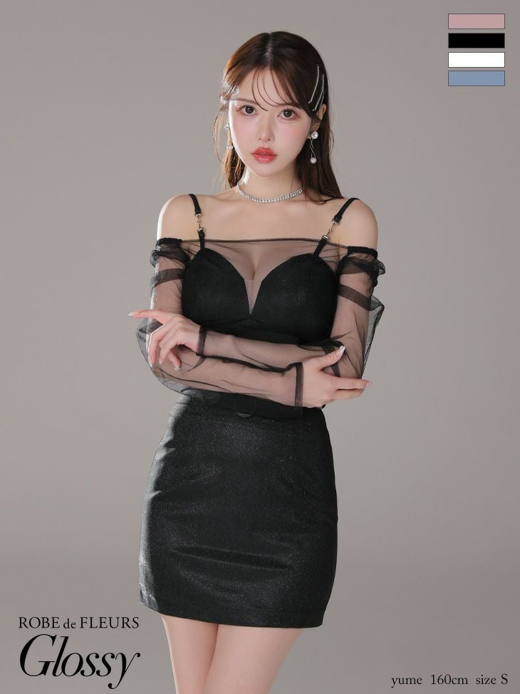 Glossy ローブドフルールグロッシー ホワイト チュールスリーブラメニットセットアップミニキャバドレス gl3564-2