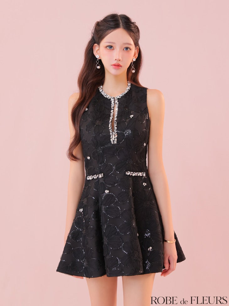 ROBE de FLEURS ローブドフルール ビジューラインノースリーブフレアミニキャバドレス fm3439