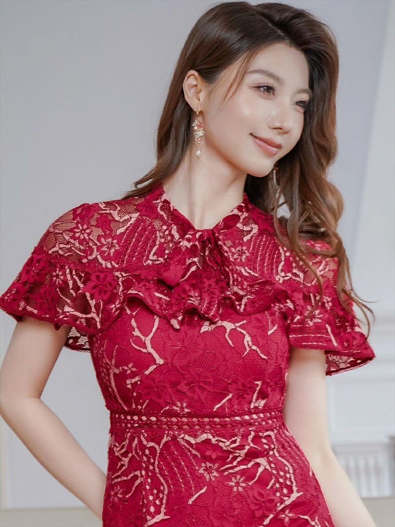 ERUKEI エルケイ ワインレッド・総レース・シースルー・首元リボン・ミディアムドレス・ワンピース ek-s2008-6