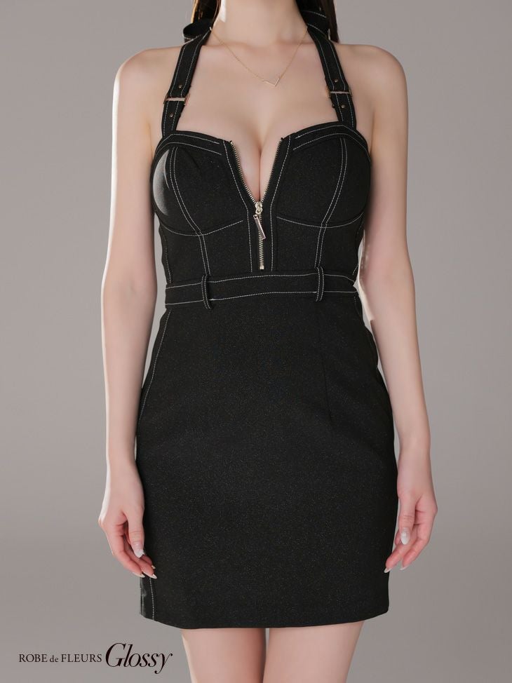 Glossy ローブドフルールグロッシー ブラック バックリボンホルターステッチバストジップキャバドレス gl3905-1
