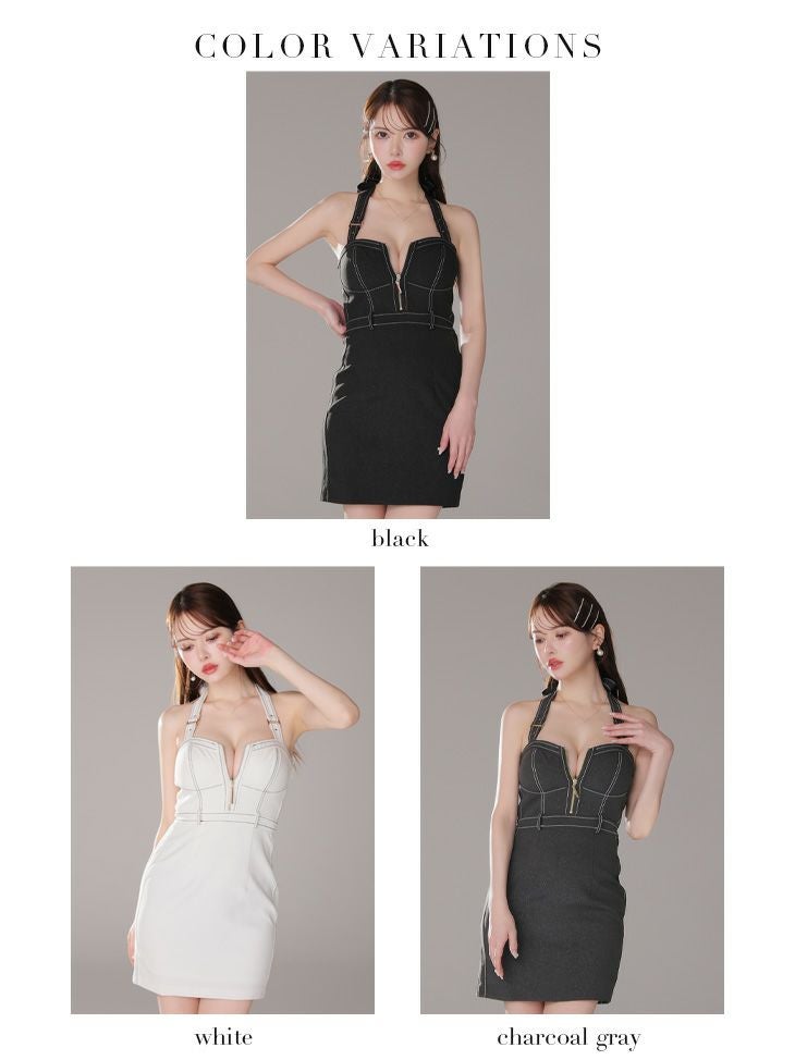 Glossy ローブドフルールグロッシー チャコールグレー バックリボンホルターステッチバストジップキャバドレス gl3905-2