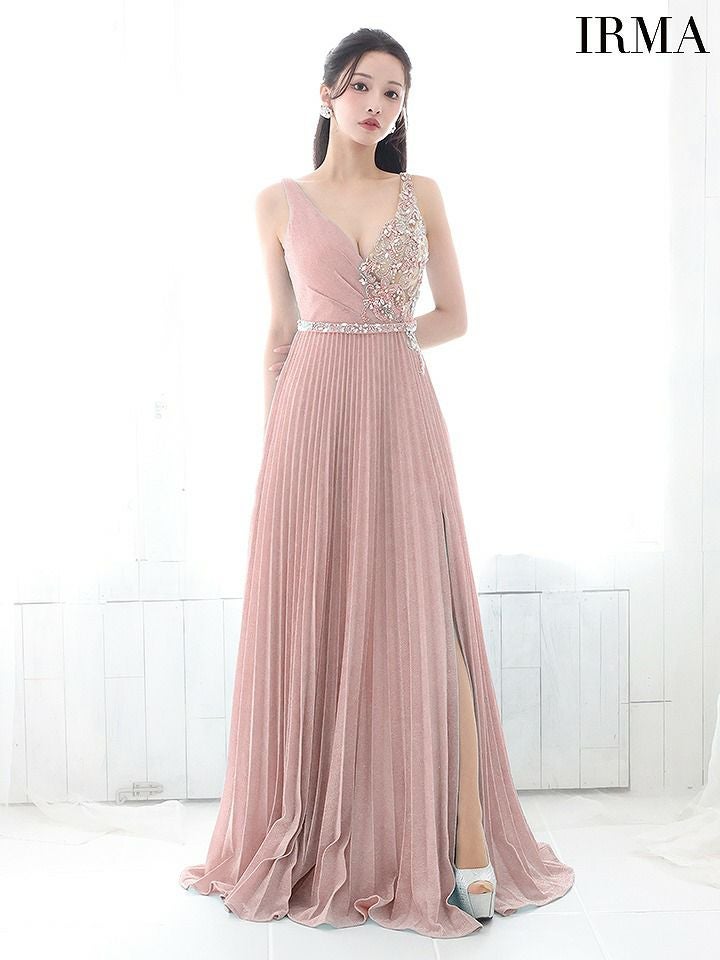 IRMA イルマ ワンカラー/バストサイドシアービジュー/スリット入り/プリーツ/ロングドレス シャンパンライム ir51761-1-ks
