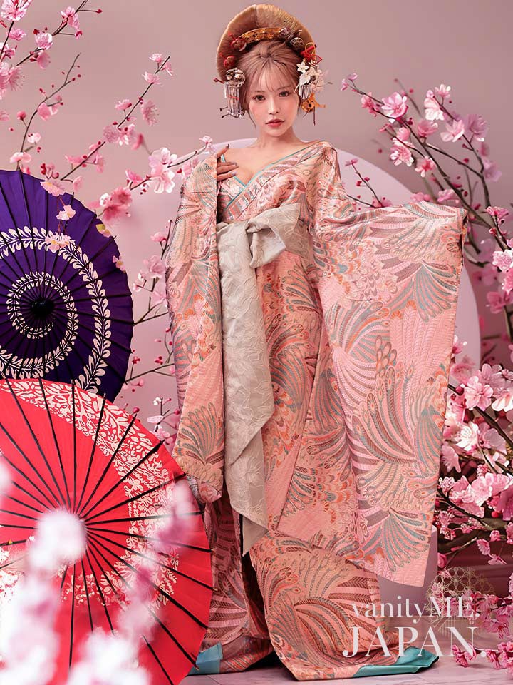 2点セット】 豪華 本格 花魁 コスプレ 着物ドレス 妖艶 和柄 ピンク