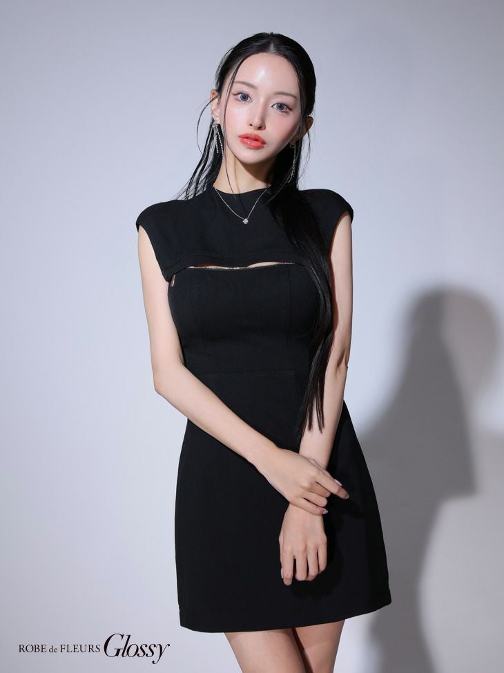 Glossy ローブドフルールグロッシー ブラック バックオープンバストスリットシンプルミニキャバドレス gl3776-2