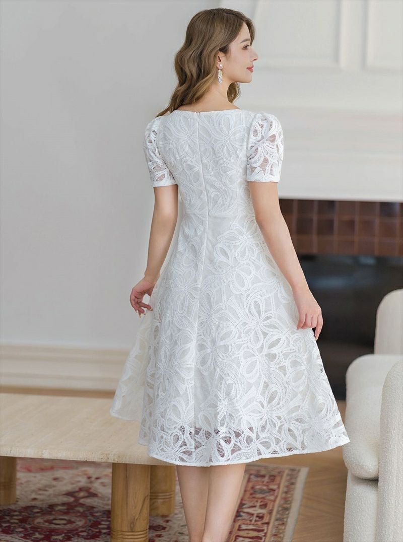 ERUKEI エルケイ ホワイト 花柄・ケミカルレース・スクエアネック・半袖・Ａライン・ミディアムドレス・ワンピース ek-c24006-1