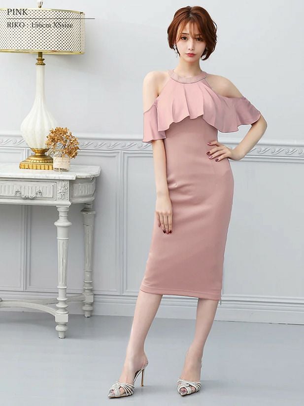 Veautt ヴュート オープンショルダーシフォンサイドファスナータイトミディアムドレス ティールブルー vt082501-2-ks