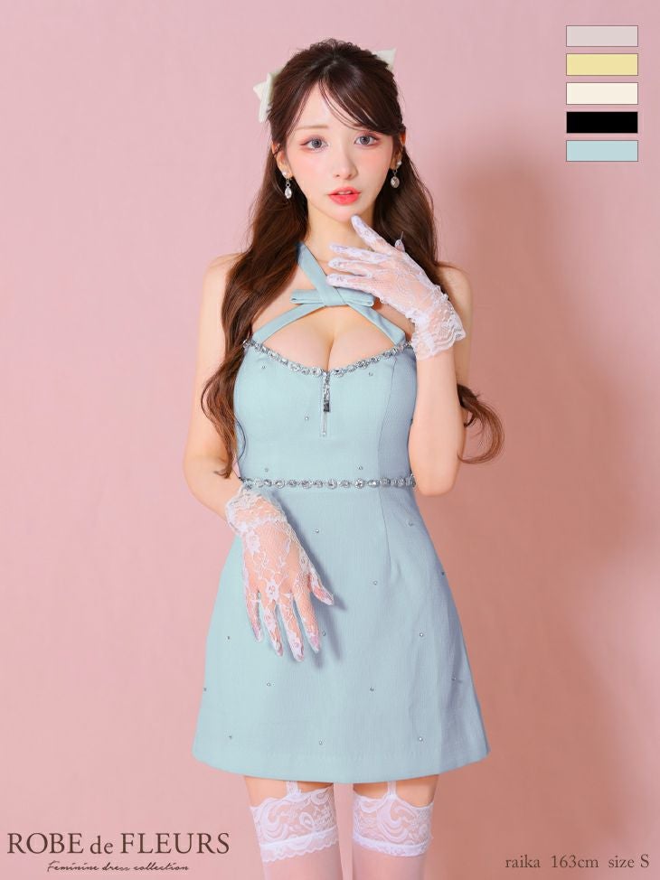 ROBE de FLEURS ローブドフルール ブラック リボンデザインホルタービジューミニキャバドレス fm3442-4