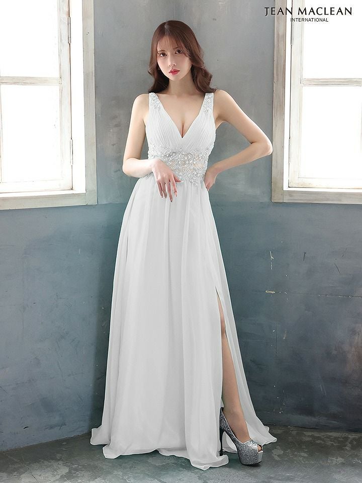 JEAN MACLEAN ジャンマクレーン シンプル/ワンカラー/プリーツ/ウエストビジュー/スリット入り/ロングドレス ロイヤル ja41651-3