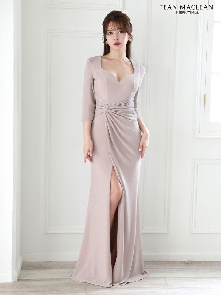 JEAN MACLEAN ジャンマクレーン ワンカラー/ロングスリーブ/ラメニット/ウエストタック/スリット入り/タイト/ロングドレス シルバー ja51782-2-ks