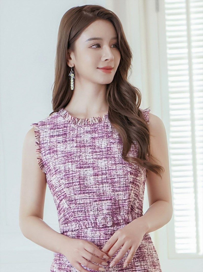 ERUKEI エルケイ パープル ツイード・フリンジ・ノースリーブ・ベルト・タイト・膝丈・ワンピース ek-c2799-2