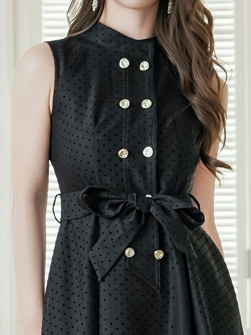 ERUKEI エルケイ ブラック ボタン・ノースリーブ・Aライン・ミディアムドレス・ワンピース ek-c36005-1