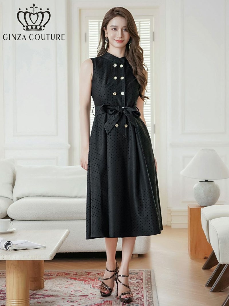 ERUKEI エルケイ ブラック ボタン・ノースリーブ・Aライン・ミディアムドレス・ワンピース ek-c36005-1