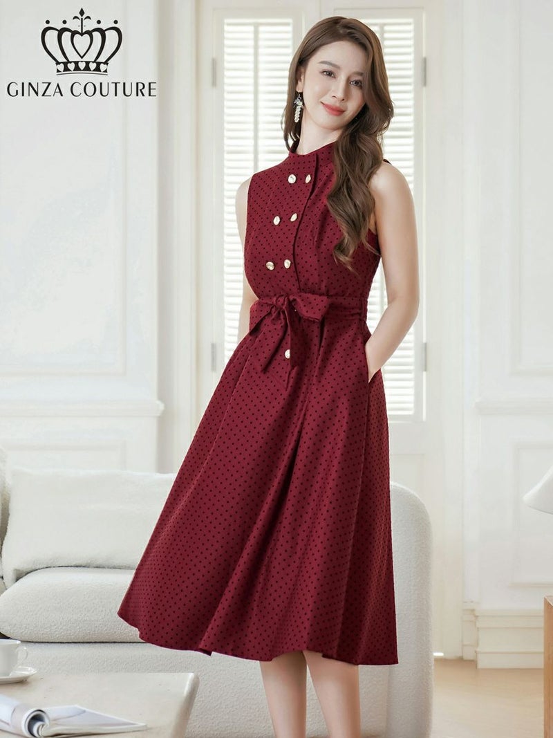 ERUKEI エルケイ ワインレッド ボタン・ノースリーブ・Aライン・ミディアムドレス・ワンピース ek-c36005-2