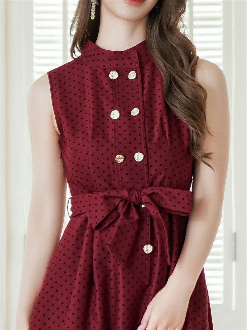 ERUKEI エルケイ ワインレッド ボタン・ノースリーブ・Aライン・ミディアムドレス・ワンピース ek-c36005-2