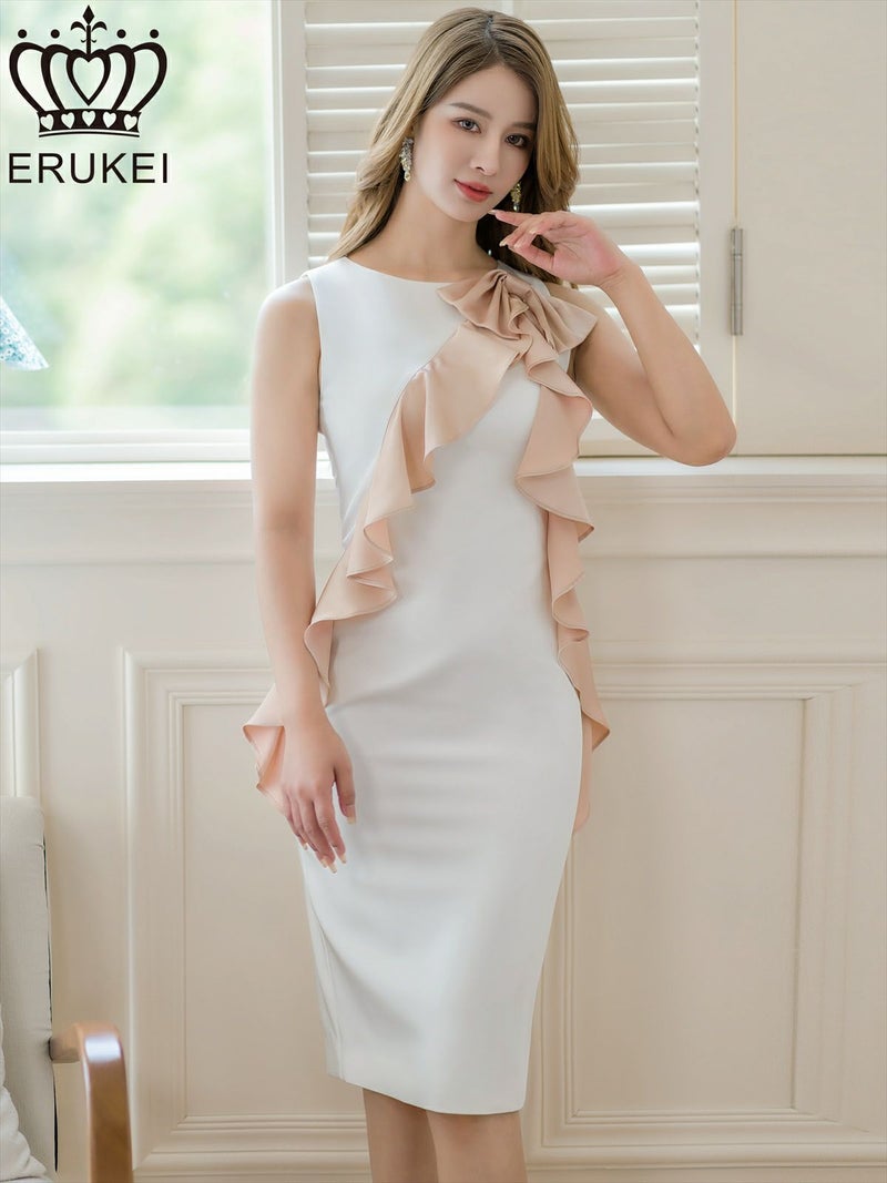 ERUKEI エルケイ ホワイト×ベージュ バイカラー・リボン・フリル・ノースリーブ・ミディアムドレス・ワンピース ek-e24132-1