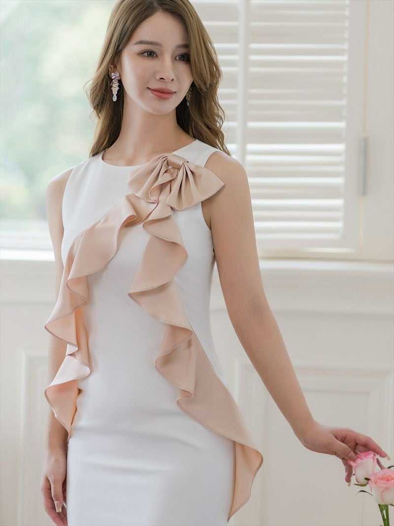 ERUKEI エルケイ ホワイト×ベージュ バイカラー・リボン・フリル・ノースリーブ・ミディアムドレス・ワンピース ek-e24132-1