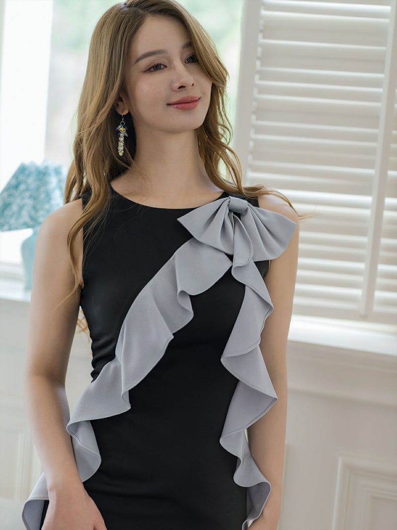 ERUKEI エルケイ ブラック×グレー バイカラー・リボン・フリル・ノースリーブ・ミディアムドレス・ワンピース ek-e24132-2