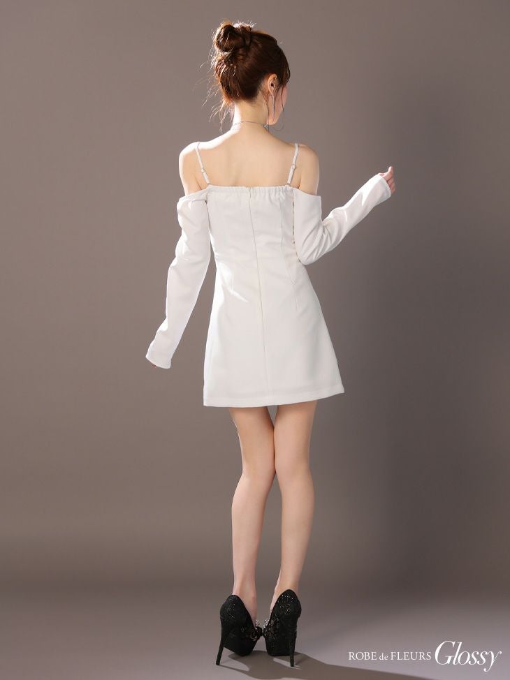 Glossy ローブドフルール グロッシー ブラック オフショルロングスリーブウエストカットタイトキャバドレス gl3576-2