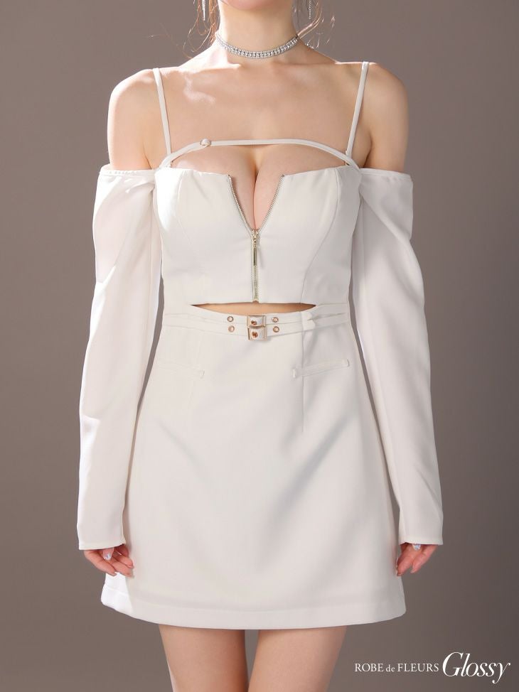 Glossy ローブドフルール グロッシー ブラック オフショルロングスリーブウエストカットタイトキャバドレス gl3576-2