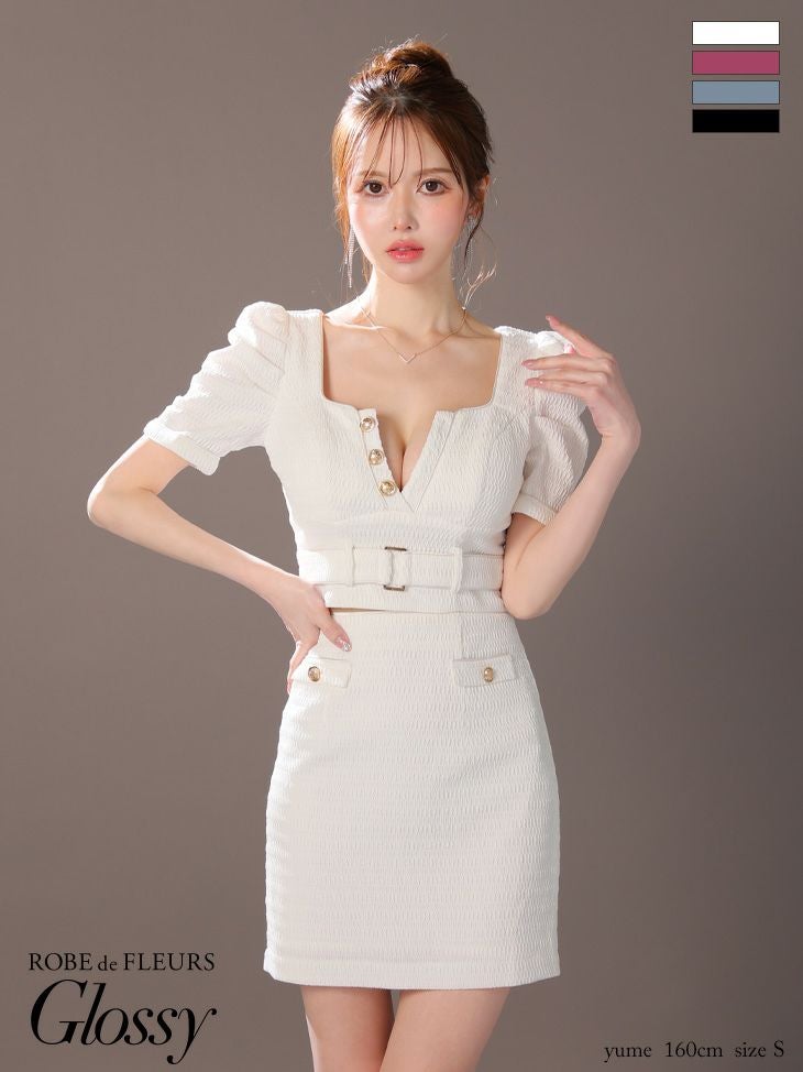 Glossy ローブドフルールグロッシー ホワイト パフスリーブフロントボタンセットアップミニキャバドレス gl3909-2