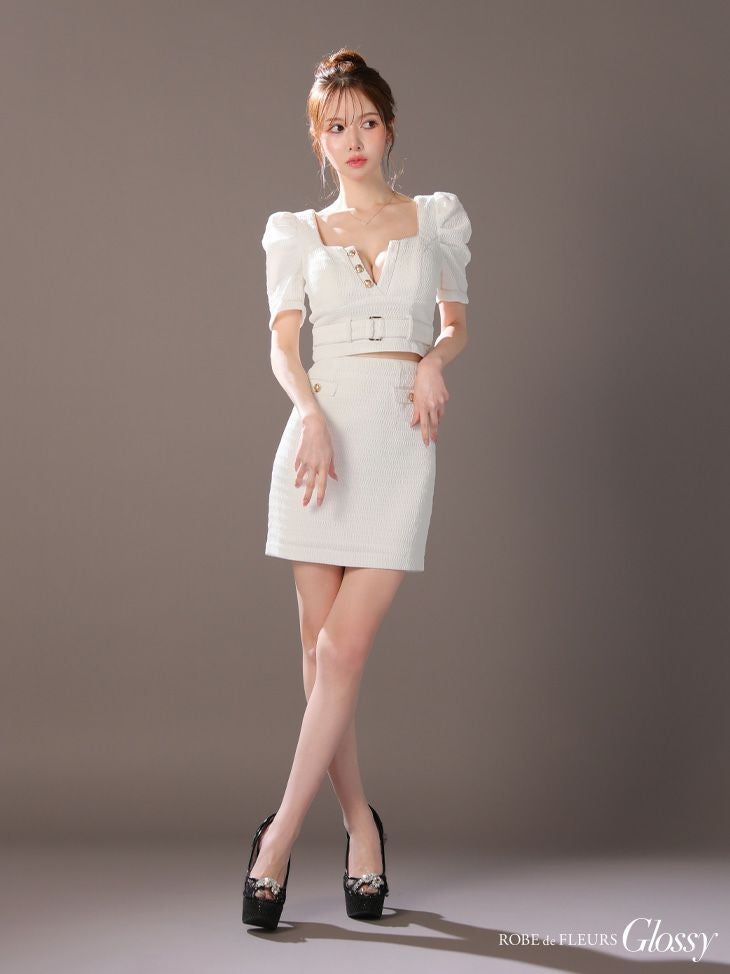 Glossy ローブドフルールグロッシー ホワイト パフスリーブフロントボタンセットアップミニキャバドレス gl3909-2