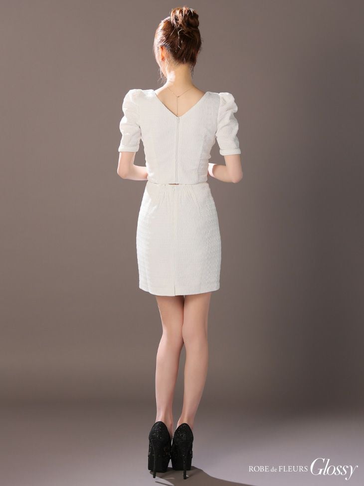 Glossy ローブドフルールグロッシー ホワイト パフスリーブフロントボタンセットアップミニキャバドレス gl3909-2