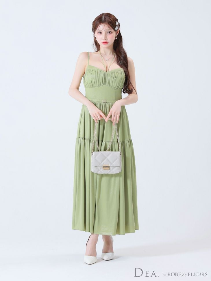 DEA. ディア バイ ローブドフルール ピスタチオ ラメシフォンフレアロングキャミキャバドレス de3374-1