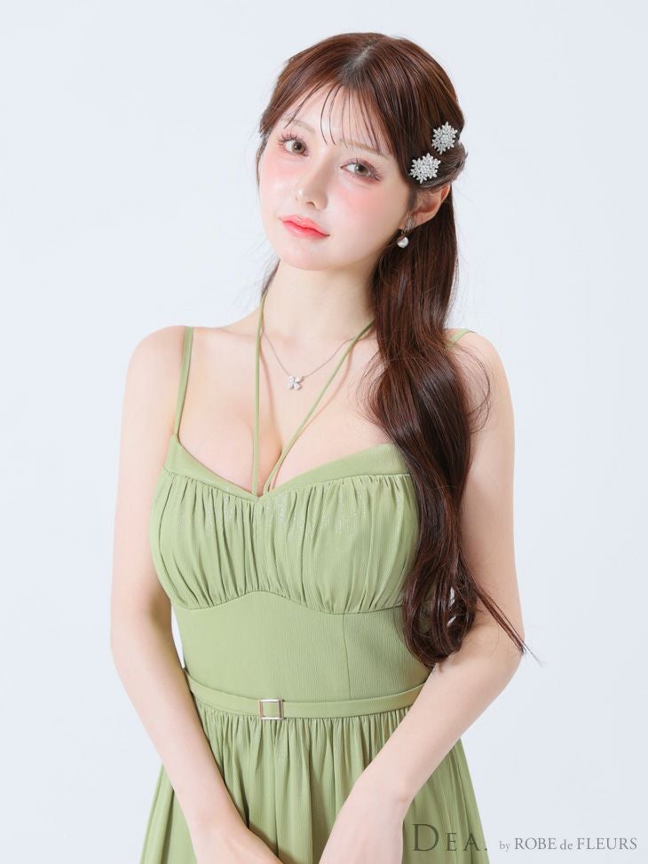 DEA. ディア バイ ローブドフルール ピスタチオ ラメシフォンフレアロングキャミキャバドレス de3374-1