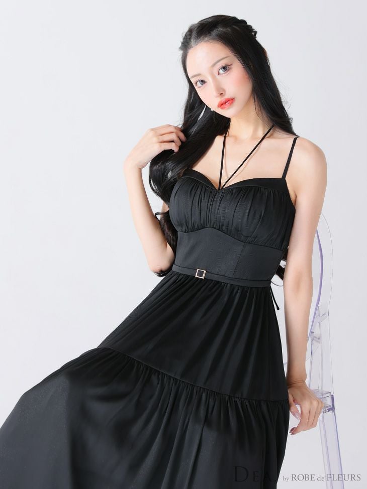 DEA. ディア バイ ローブドフルール ブラック ラメシフォンフレアロングキャミキャバドレス de3374-3