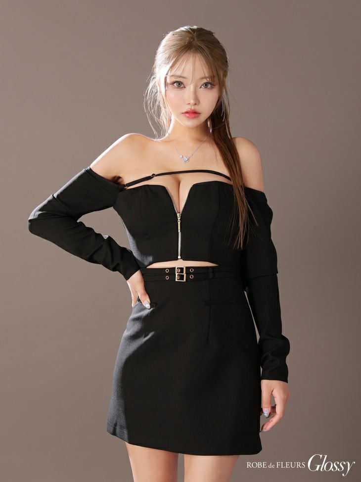 Glossy ローブドフルールグロッシー オフショルロングスリーブウエストカットタイトキャバドレス gl3576-c