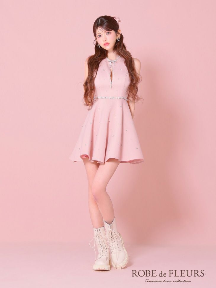ROBE de FLEURS ローブドフルール リボンビジューバストカットフレアミニキャバドレス fm3618-c