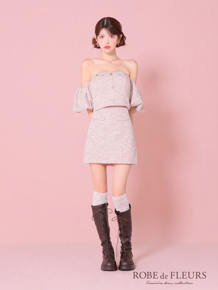 ROBE de FLEURS ローブドフルール ニットツイードオフショルセットアップタイトミニキャバドレス fm3269