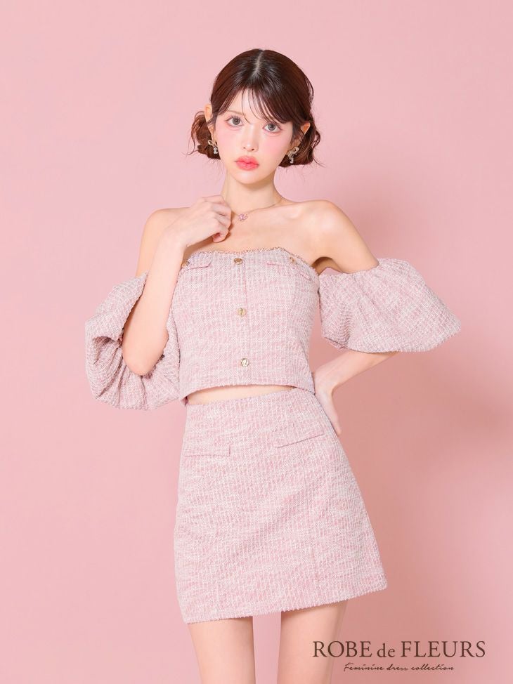 ROBE de FLEURS ローブドフルール ピンク ニットツイードオフショルセットアップタイトミニキャバドレス fm3269-2