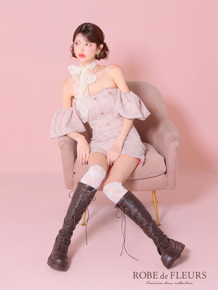 ROBE de FLEURS ローブドフルール ニットツイードオフショルセットアップタイトミニキャバドレス fm3269
