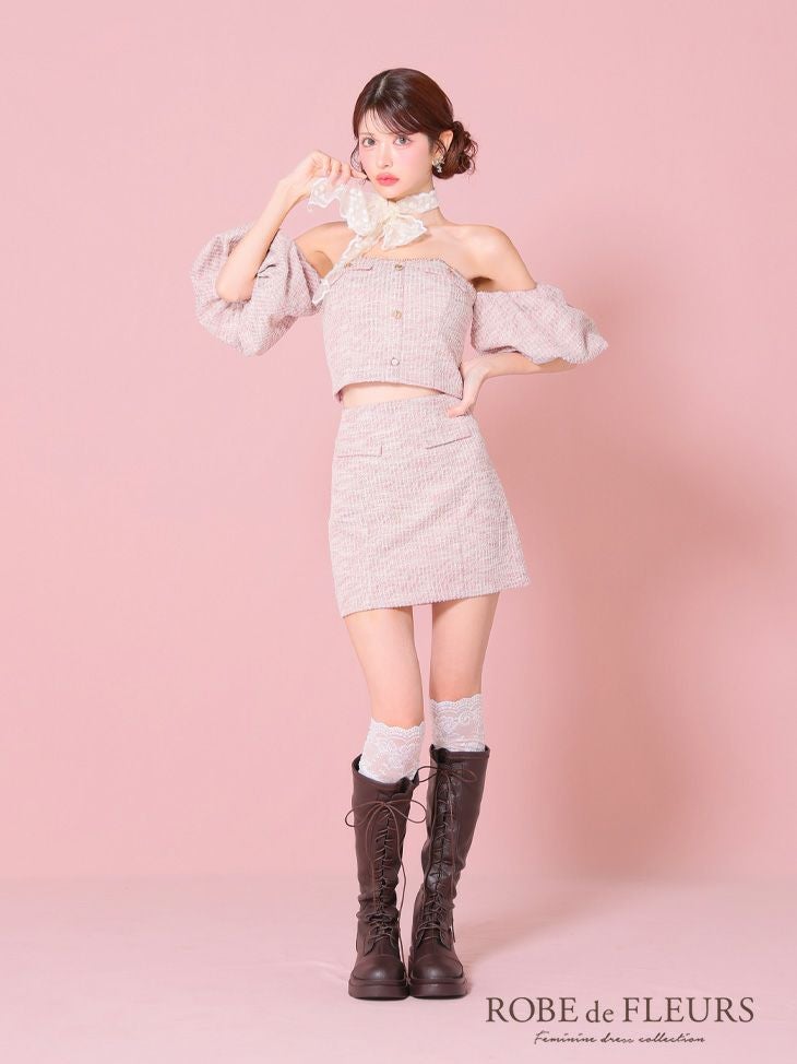 ROBE de FLEURS ローブドフルール ニットツイードオフショルセットアップタイトミニキャバドレス fm3269