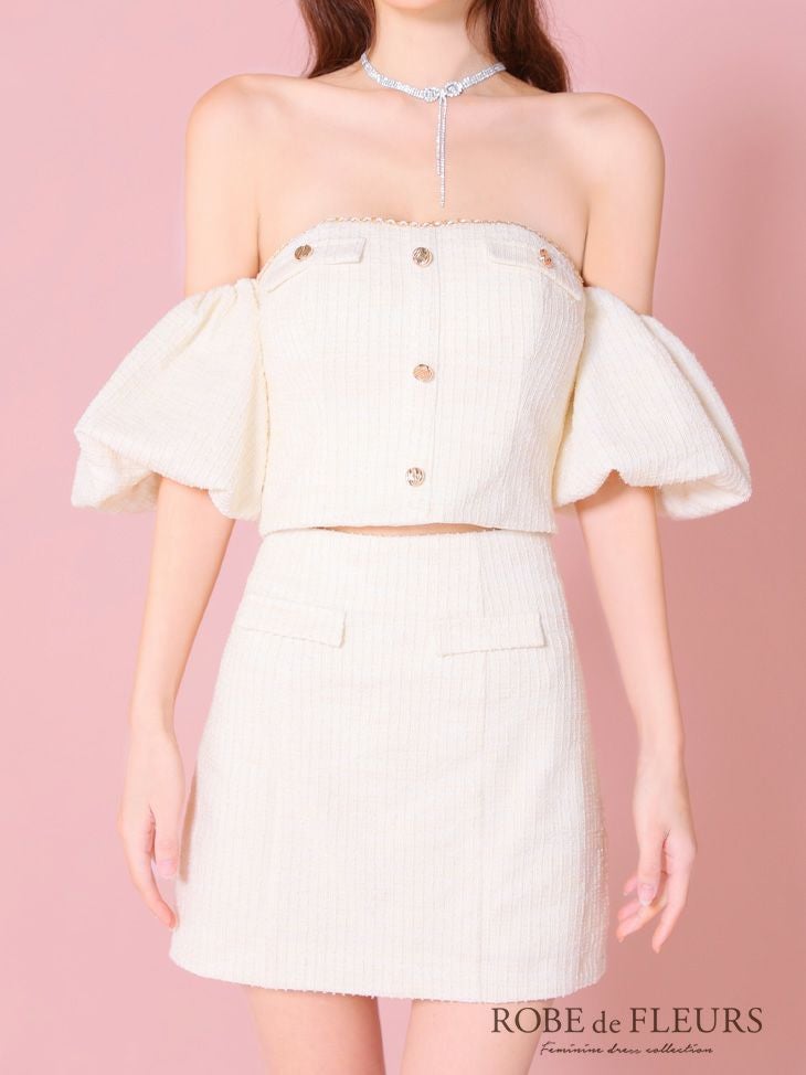 ROBE de FLEURS ローブドフルール ピンク ニットツイードオフショルセットアップタイトミニキャバドレス fm3269-2