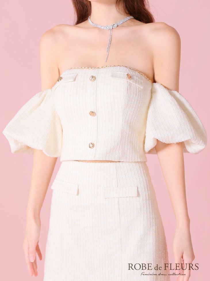 ROBE de FLEURS ローブドフルール ニットツイードオフショルセットアップタイトミニキャバドレス fm3269