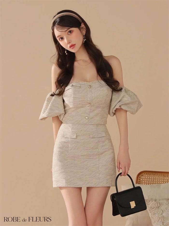 ROBE de FLEURS ローブドフルール ニットツイードオフショルセットアップタイトミニキャバドレス fm3269