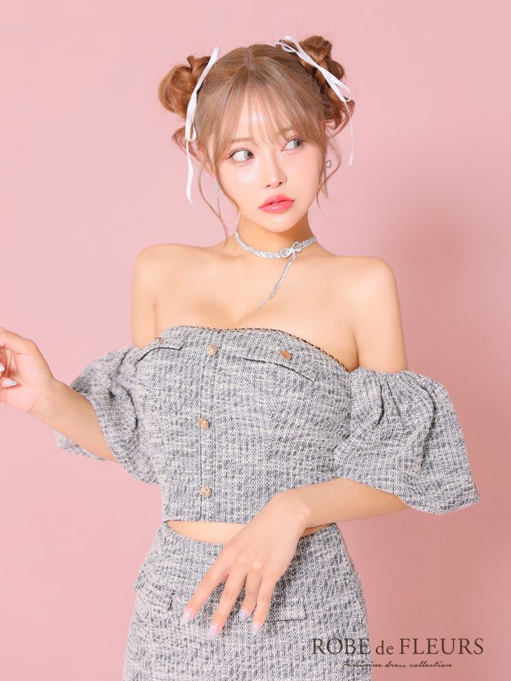 ROBE de FLEURS ローブドフルール ブラック ニットツイードオフショルセットアップタイトミニキャバドレス fm3269-4