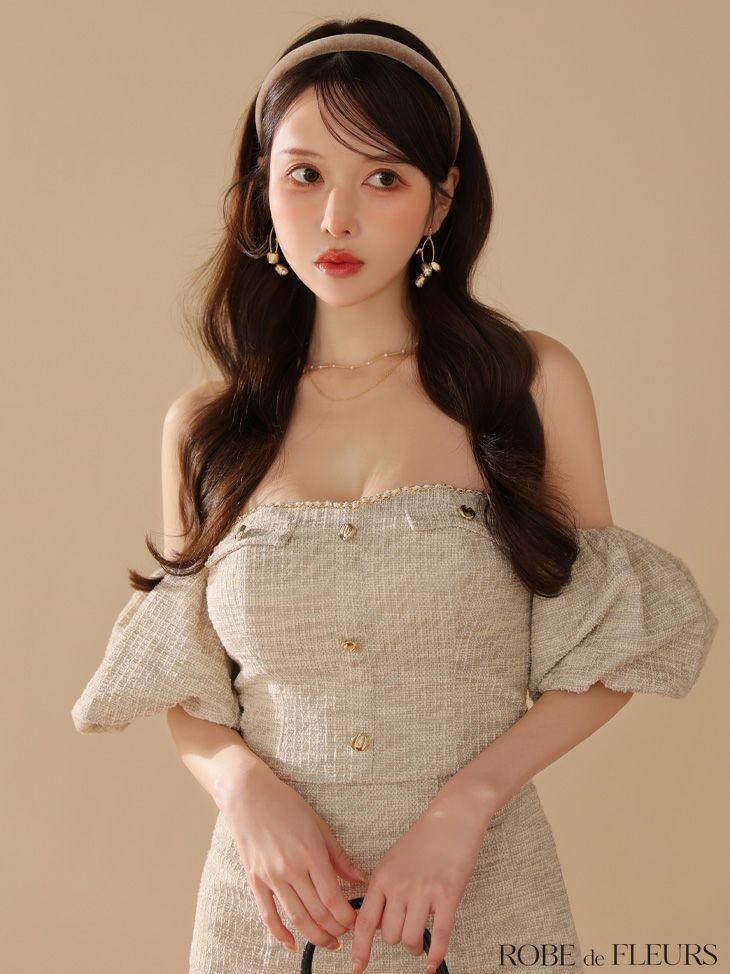 ROBE de FLEURS ローブドフルール ニットツイードオフショルセットアップタイトミニキャバドレス fm3269-c