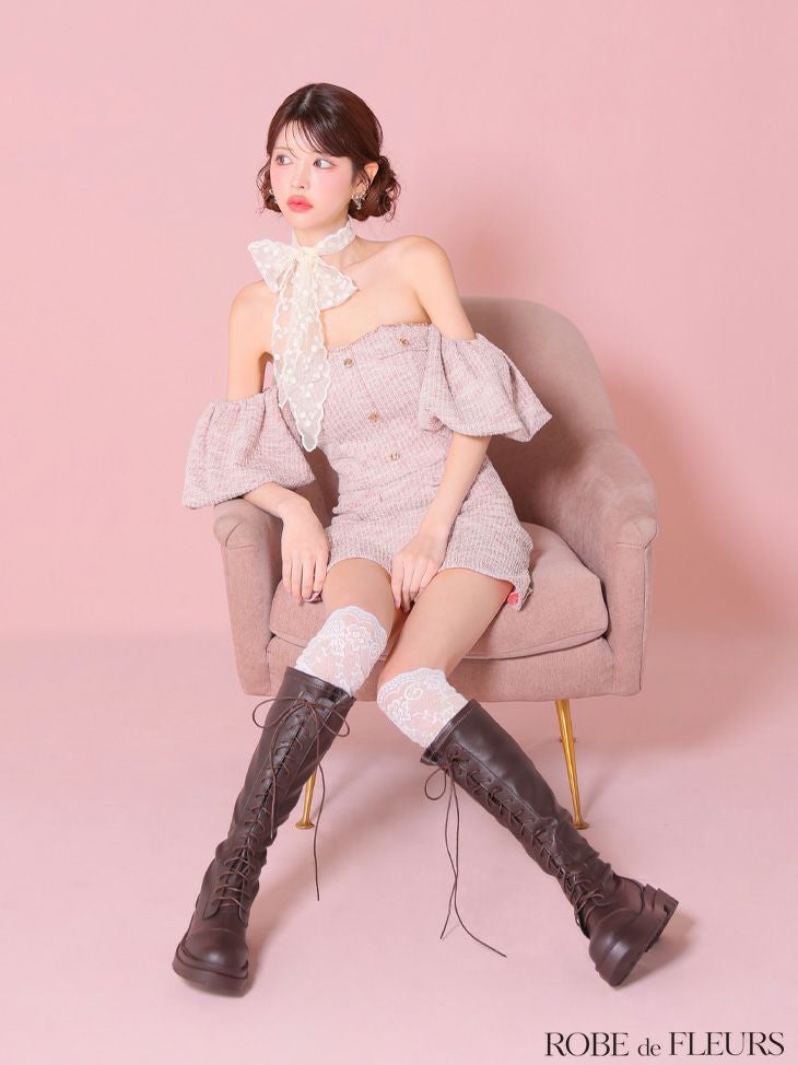 ROBE de FLEURS ローブドフルール ニットツイードオフショルセットアップタイトミニキャバドレス fm3269-c